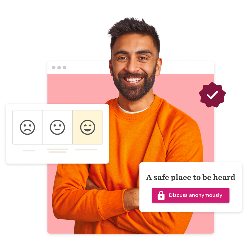 smiling man in orange sweater promoting emotional feedback and safe discussions, feedback interface with happy face icon
