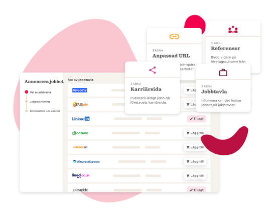 job posting interface with various job listing options and features like career page, reference building, and custom URLs, visual elements highlight job advertisement channels and tools for employers