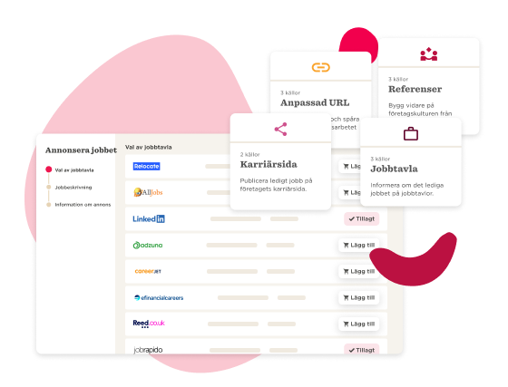 job posting interface with various job listing options and features like career page, reference building, and custom URLs, visual elements highlight job advertisement channels and tools for employers