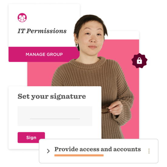 IT permissions management interface with a woman in a brown sweater, highlighting signature setup and access options. , ITPermissions, SignatureSetup