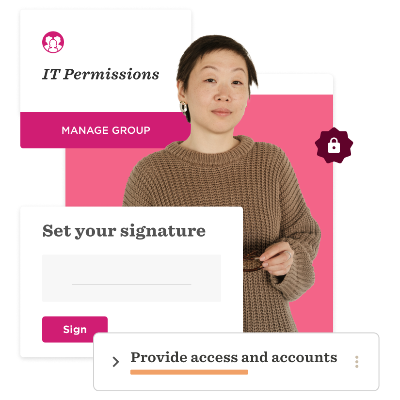 IT permissions management interface with a woman in a brown sweater, highlighting signature setup and access options. , ITPermissions, SignatureSetup