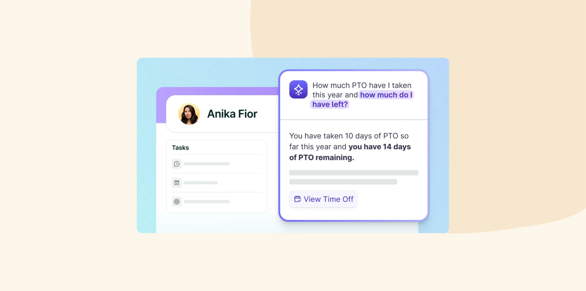 Anika Fior's employee dashboard shows PTO details and tasks. Highlights remaining 14 days of leave. View Time Off option available., PTOdashboard, employeeinterface
