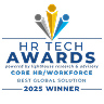 HR Tech Awards logo featuring vibrant colors, highlighting "Best Global Solution" and "2025 Winner" recognition, Core HR/Workforce innovation award design