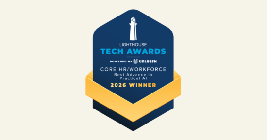 Lighthouse Tech Awards badge showcasing 2026 winner for Best Advance in Practical AI by Core HR/Workforce. , LighthouseTechAwards, 2026Winner