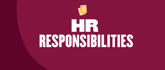 HR responsibilities graphic with bold text on maroon background, featuring icon of document and checklist above the title.
