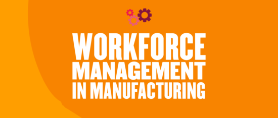 workforce management in manufacturing, orange background with gears and flowers icons