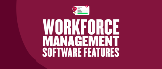 workforce management software features graphic with bold white text on a maroon background and illustrative icons, workforce management software visual elements and design