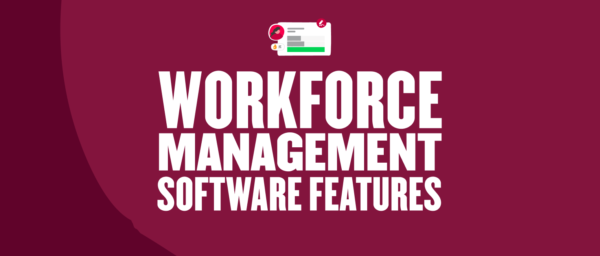 workforce management software features graphic with bold white text on a maroon background and illustrative icons, workforce management software visual elements and design