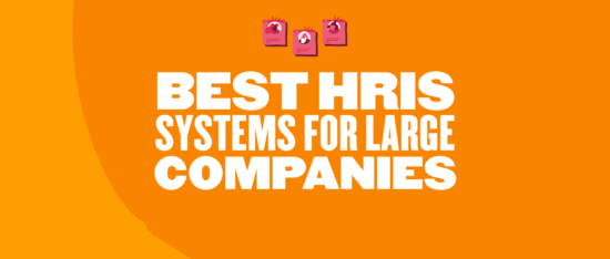 Best HRIS systems graphic for large companies with vibrant orange background and bold white text. Highlighted digital icons. HR, systems, large_companies