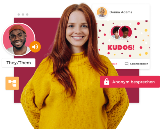 smiling woman in a yellow sweater with digital interface elements displaying audio features and social interaction, diverse digital platform promoting inclusivity and communication