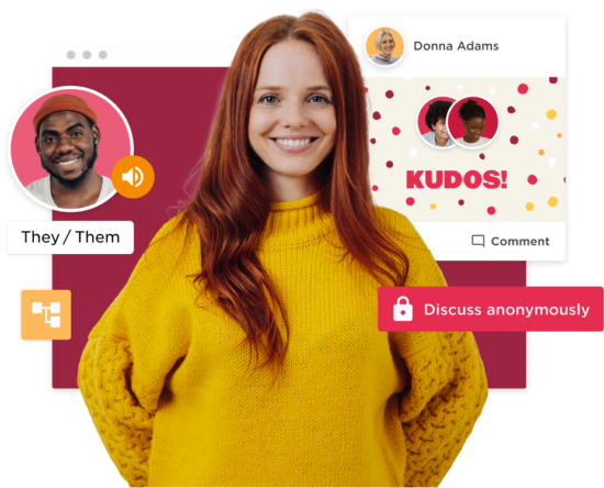 woman in yellow sweater smiling, discussion platform with user avatars and notifications
