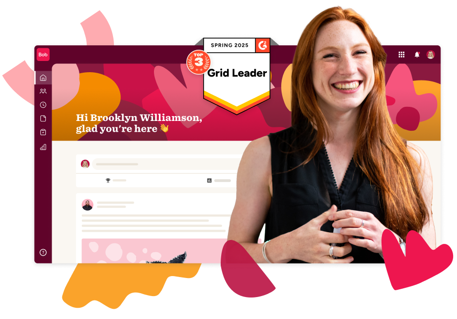 happy woman smiling in front of colorful digital interface greeting user, featuring a badge for top grid leader, colorful design elements surrounding the image