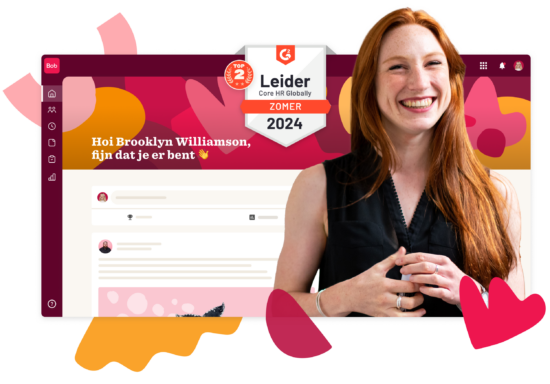 profile of a smiling woman with red hair in a black outfit, G2 badge 'Top 2 Core HR Globally 2024' displayed, colorful interface with greeting message in Dutch on a digital platform