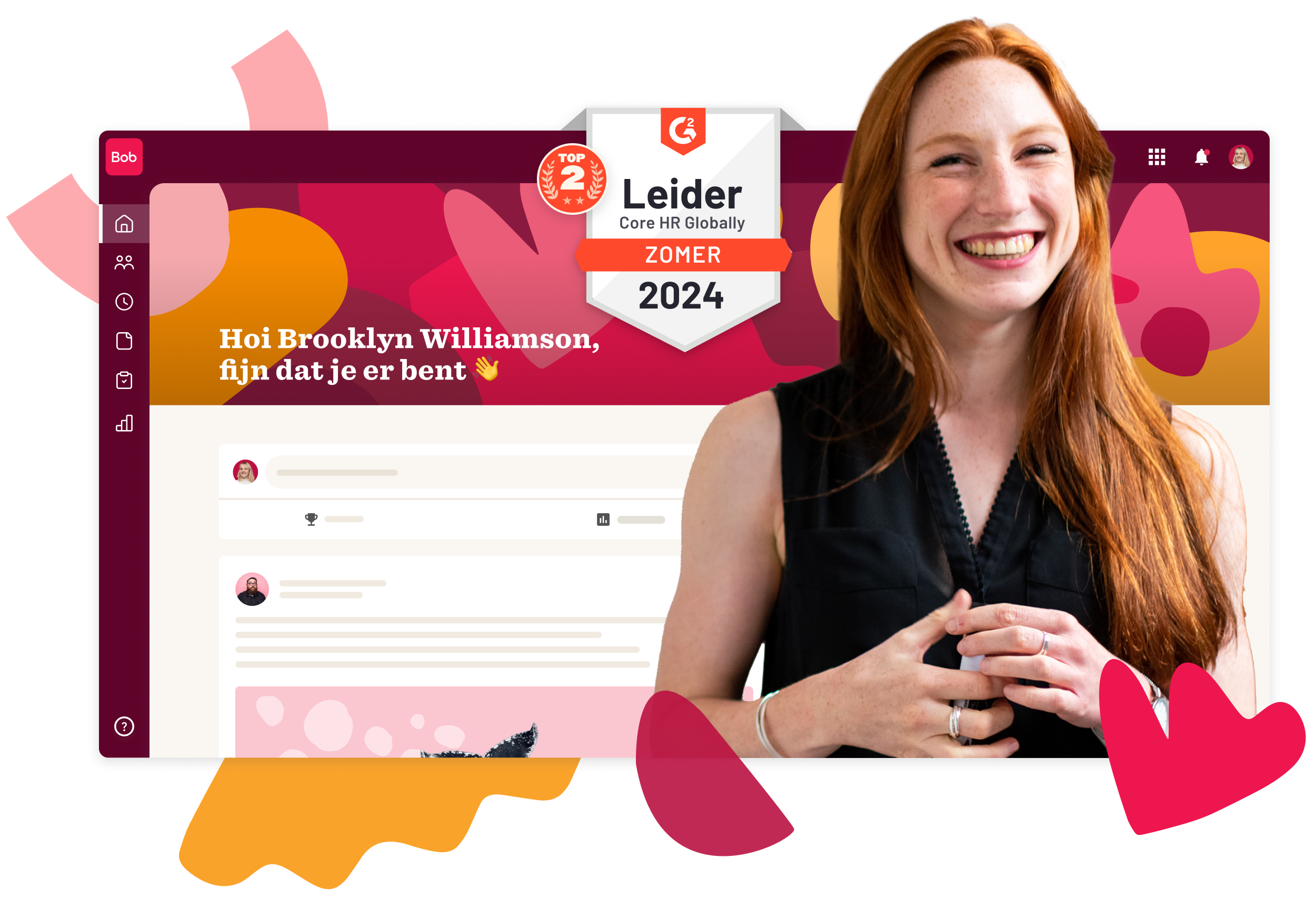 profile of a smiling woman with red hair in a black outfit, G2 badge 'Top 2 Core HR Globally 2024' displayed, colorful interface with greeting message in Dutch on a digital platform