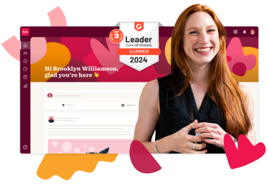 Happy woman smiling in front of a colorful interface, announcing HR platform's top global leader award for Summer 2024., Smiling woman with red hair displays HR software victory announcement in vibrant design.