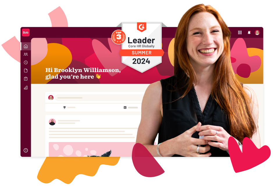 Happy woman smiling in front of a colorful interface, announcing HR platform's top global leader award for Summer 2024., Smiling woman with red hair displays HR software victory announcement in vibrant design.