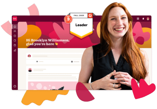 leader, smiling woman in front of colorful digital interface with personalized greeting and decorative elements