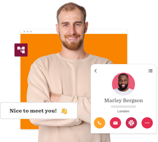 friendly man, profile interface with contact options, colorful background