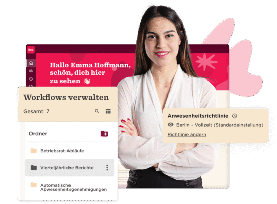 Emma Hoffmann featured with workflow management interface showcasing tasks, visual elements, and a warm greeting from the platform. alt1:Emma Hoffmann greeting interface with workflow management details, alt2:Professional woman with task management application background and warm welcome message.