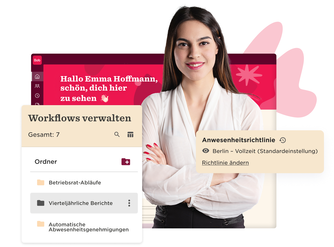 Emma Hoffmann featured with workflow management interface showcasing tasks, visual elements, and a warm greeting from the platform. alt1:Emma Hoffmann greeting interface with workflow management details, alt2:Professional woman with task management application background and warm welcome message.