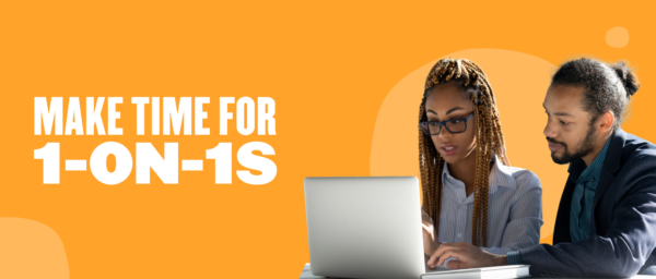 make time for one-on-ones, collaboration, diverse professionals, vibrant orange background, two individuals engaged in discussion