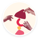 hands arranging colorful shapes, abstract art with red, yellow, and pink elements in a circular composition