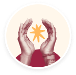 hands cupping a radiant star symbol on a circular background, symbolizing care, support, and positive energy in illustration