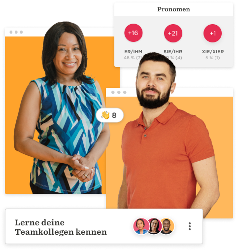 portrait of diverse professionals, cheerful greetings, highlighted pronouns data, and text about team introduction, team collaboration and identity recognition