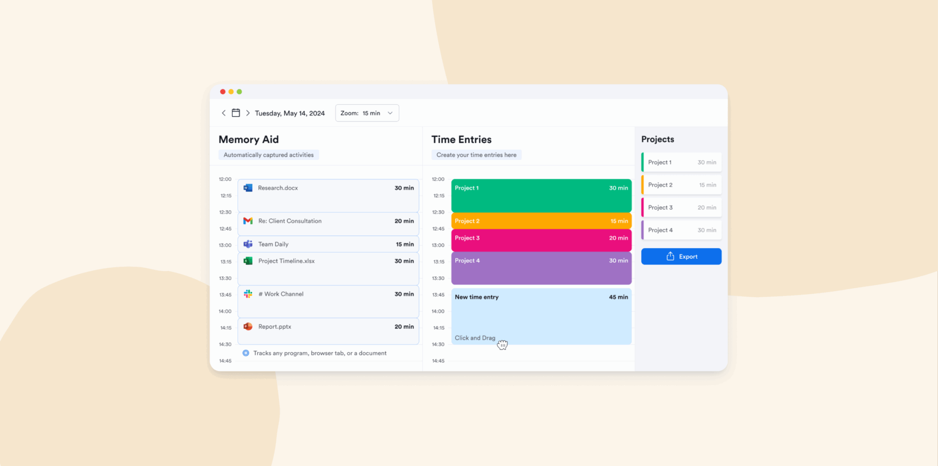 Memory aid interface shows time entries for tasks, color-coded project blocks, and export option for efficiency tracking. , MemoryAid, TimeTracking