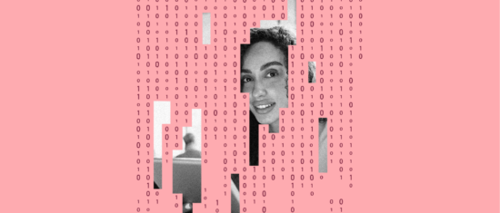 binary code background, black and white woman smiling with laptop in a modern graphic design representation