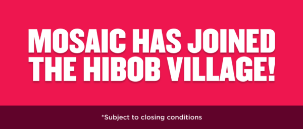 MOSAIC joining HIBOB VILLAGE announcement on a vibrant pink background with a note on closing conditions. , Mosaic, HibobVillage