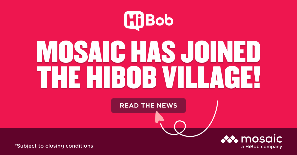Mosaic joins HiBob Village announcement on vibrant pink background with a call to action to read the news. hiBob, mosaic