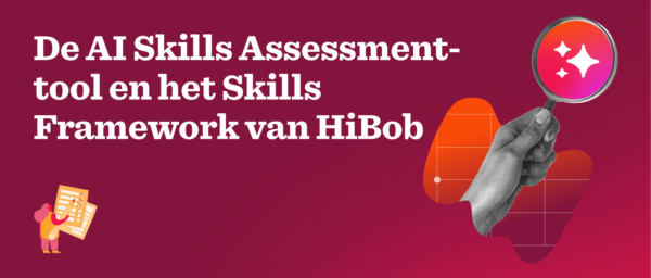 AI Skills Assessment tool graphic with magnifying glass, vibrant colors, and outlined elements emphasizing HiBob's skills framework. , AISkills, HiBobFramework