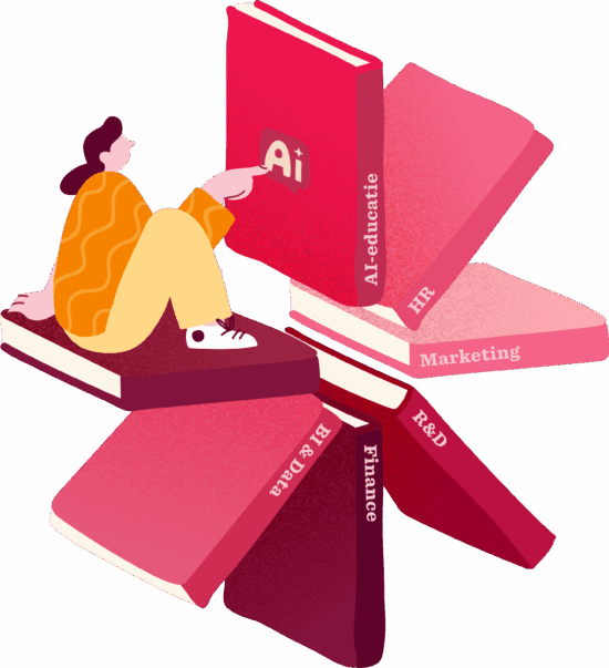 AI-education concept illustration with a person on books exploring topics like HR, Marketing, R&D, and Finance, Education, AI