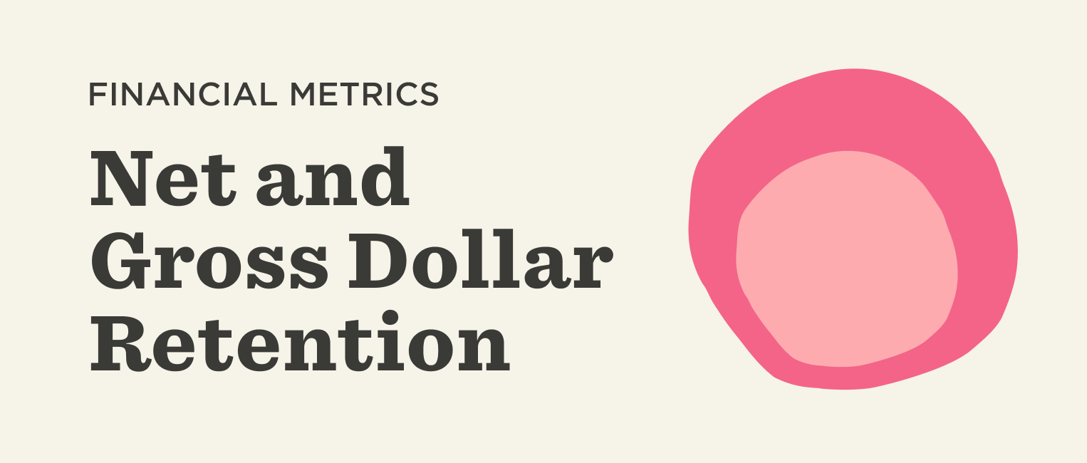 Financial metrics graphic featuring 'Net and Gross Dollar Retention' with bold text and a pink abstract shape. financial metrics, dollar retention