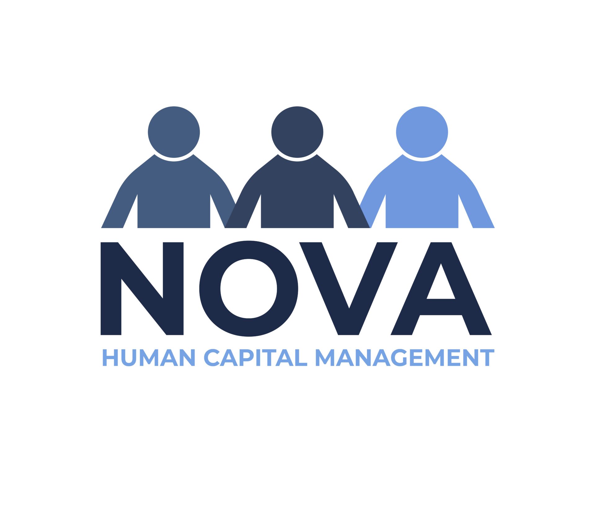 NOVA logo featuring three figures and text emphasizing Human Capital Management, Simple and modern design showcasing teamwork and support.