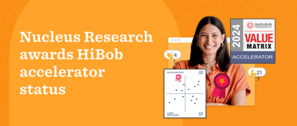 Nucleus Research HiBob award graphic featuring cheerful woman, 2024 Value Matrix, and key metrics. Professional design., NucleusResearch, HiBob