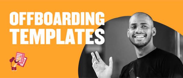 offboarding templates, smiling man gesturing with hand on orange background