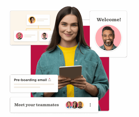 woman holding tablet with pre-boarding message, welcoming teammates, featuring team hierarchy and profile images, team onboarding and communication illustration