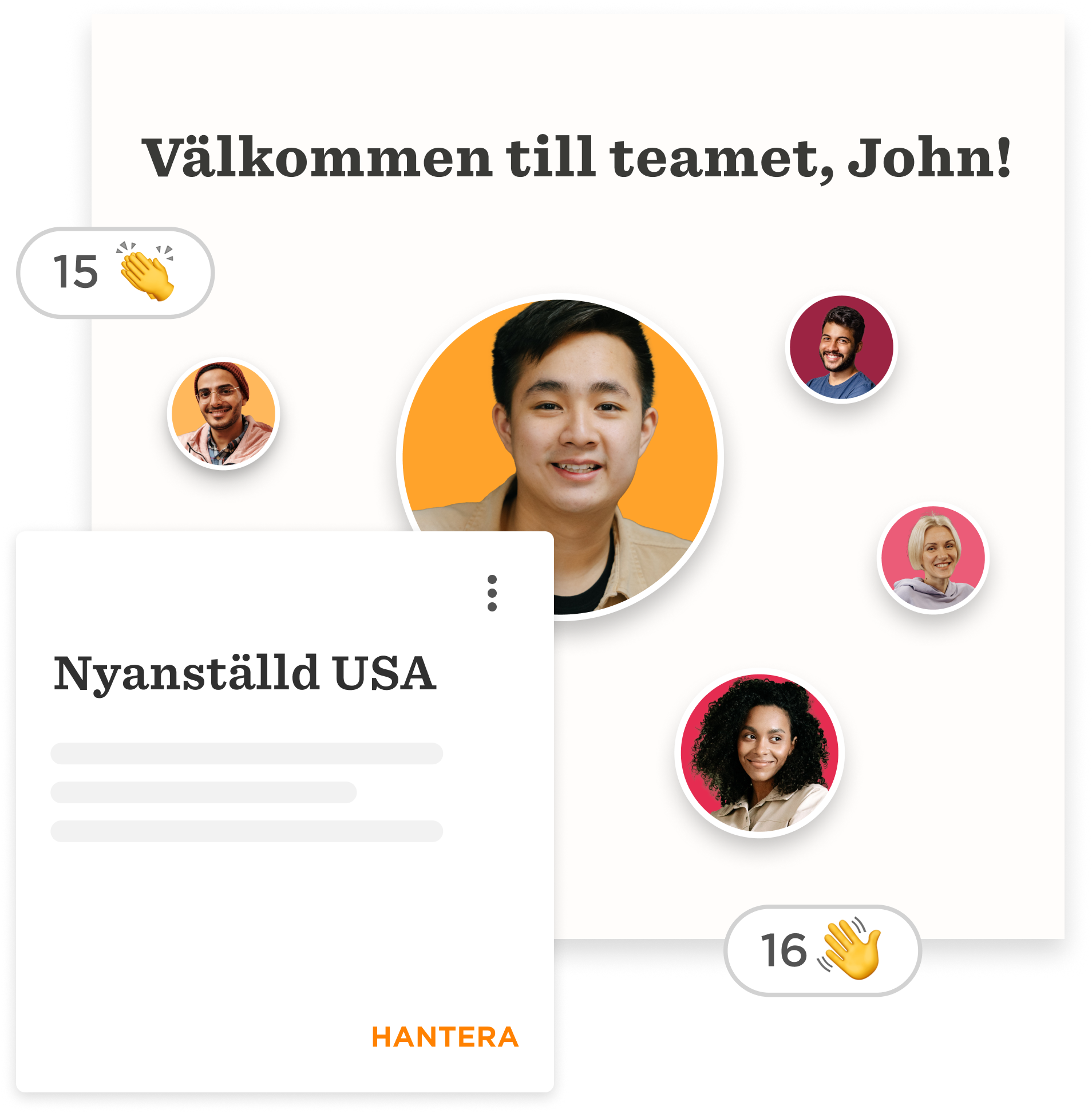 Välkommen till teamet, John! Employee profiles with welcome messages and reactions in a modern design., employee_profiles, welcome_message