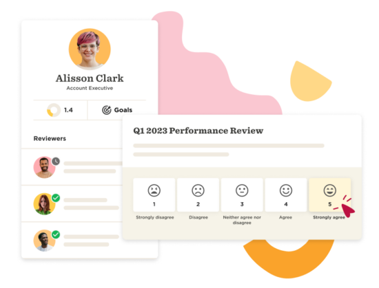 Alisson Clark's performance review, rating scale, and reviewer icons with graphical elements and progress indicators., performance review, employee feedback