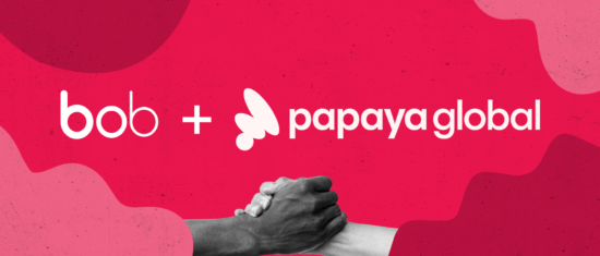bob logo + papaya global with handshake on vibrant red background featuring abstract shapes. Collaboration theme. bob+papaya global, handshake, collaboration