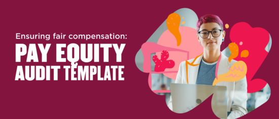 pay equity audit template with diverse professional, vibrant graphics on maroon background, ensuring fair compensation for all workers