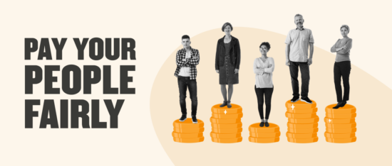 pay-your-people-fairly, diverse-group-standing-on-coins