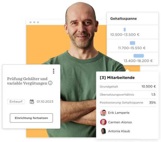 Mann in grünem Shirt mit Gehaltsanalyse-Interface, zeigt Gehaltsspannen und Mitarbeitende., Gehaltsprüfung, Mitarbeitende