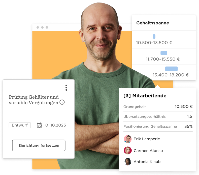 Mann in grünem Shirt mit Gehaltsanalyse-Interface, zeigt Gehaltsspannen und Mitarbeitende., Gehaltsprüfung, Mitarbeitende