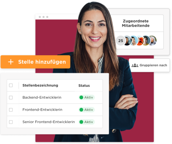 job management interface, professional woman smiling with job listings and active status indicators