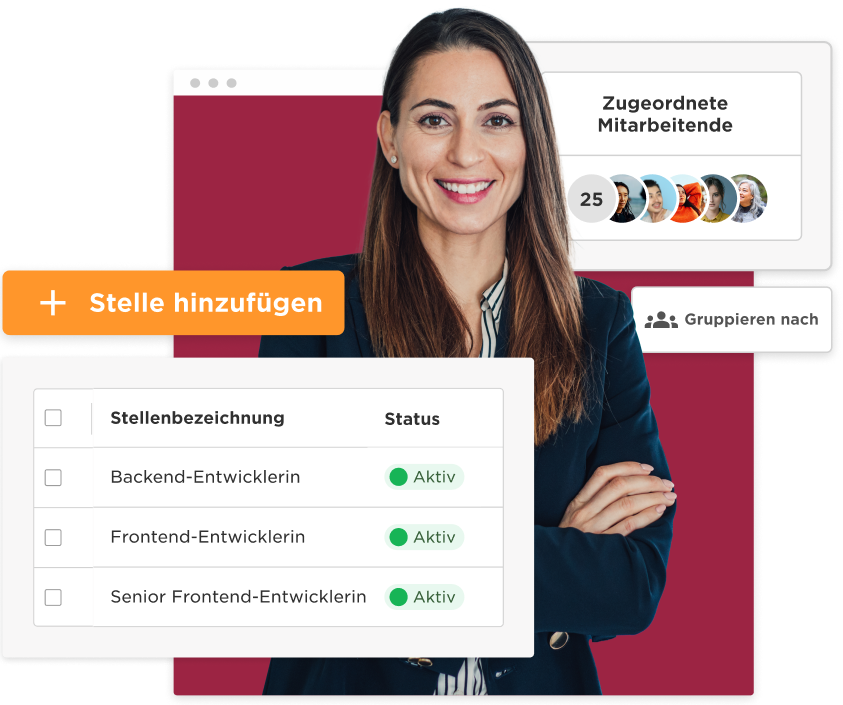 job management interface, professional woman smiling with job listings and active status indicators