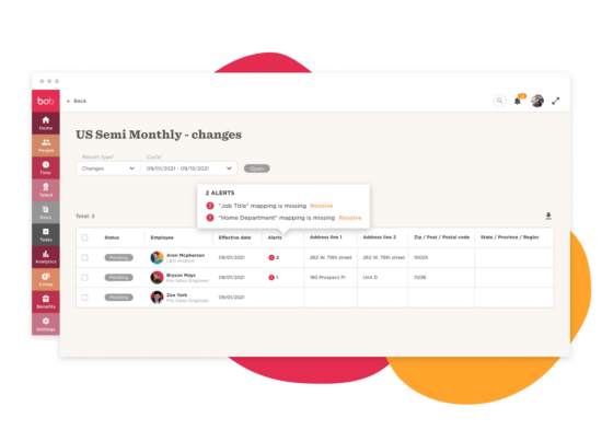 US Semi Monthly changes report highlighting employee alerts, effective dates, addresses, and resolution prompts. bob, employee alerts
