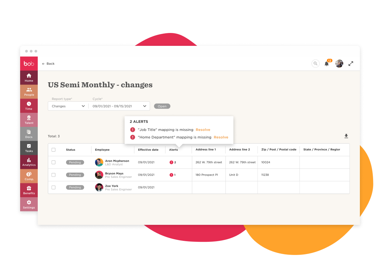 US Semi Monthly changes report highlighting employee alerts, effective dates, addresses, and resolution prompts. bob, employee alerts
